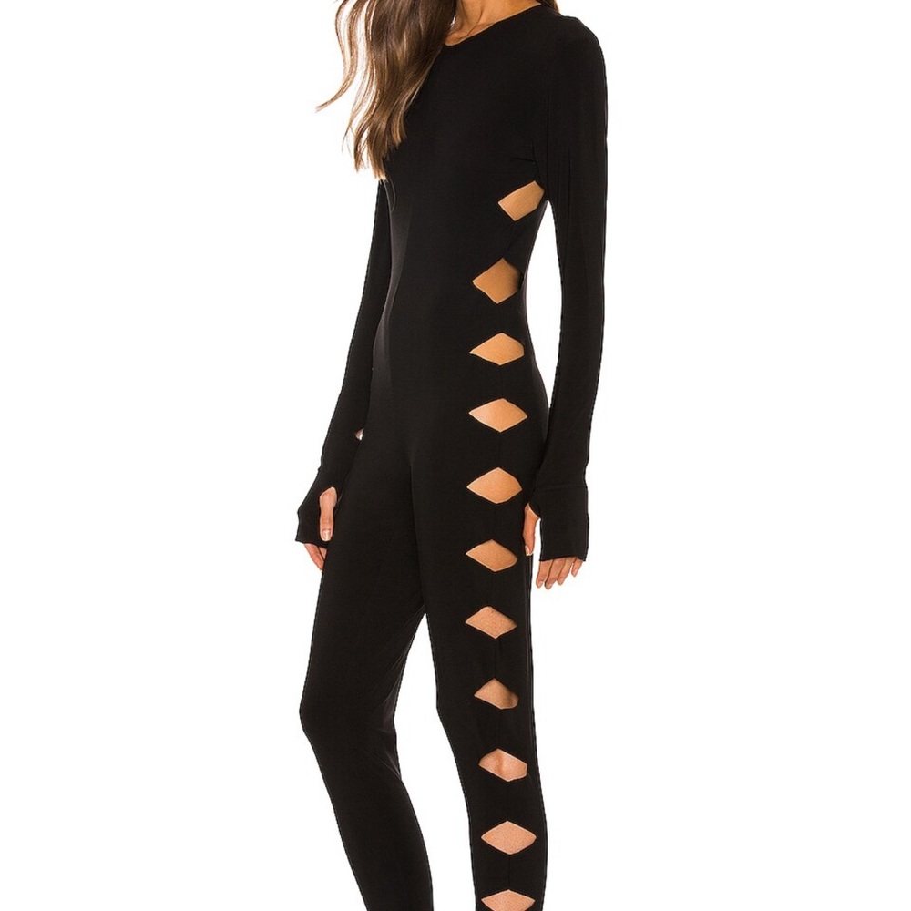 Norma Kamali Long Sleeve Crew Neck Alligator Catsuit in Black